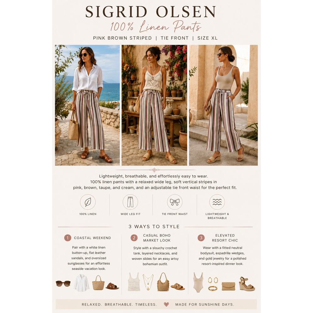 Sigrid Olsen 100% Linen Pants Pink Brown Striped Wide Leg SZXL Tie Front